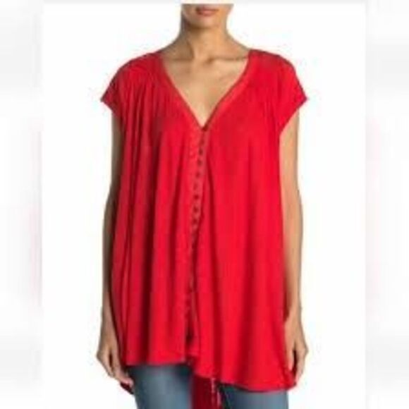 Free People Top Blouse Highland V Neck Linen Blend Red Womens Small - Picture 1 of 8